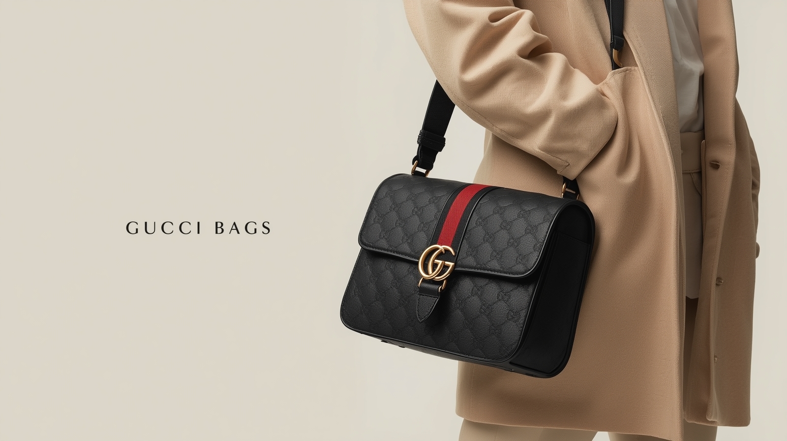 Editorial fashion banner highlighting Gucci shoulder bag styling
